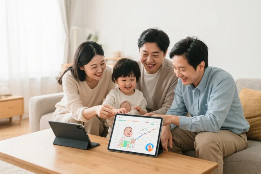一个家庭成员围坐在客厅，专注地一起查看电子设备上的宝宝成长图表，气氛温馨，突出亲子互动和数据分析的场景